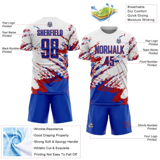 Benutzerdefinierte weiß Thunder blau-rot abstrakte Fragment Kunst Splash Sublimation Fußball Uniform Trikot Benutzerdefinierte weiß Thunder blau-rot abstrakte Fragment Kunst Splash Sublimation Fußball Uniform Trikot